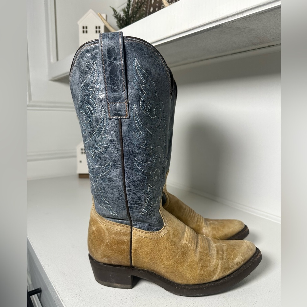 Masterson Boots Women’s 7.5M Two Tone Western Cowboy Boots Tan & Blue Leather - Picture 5 of 9